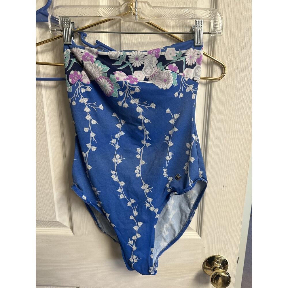 Vnt 1970’s Swimsuit Size 12 Med Mare Moda by Oleg Cassini Blue Floral Tube Top